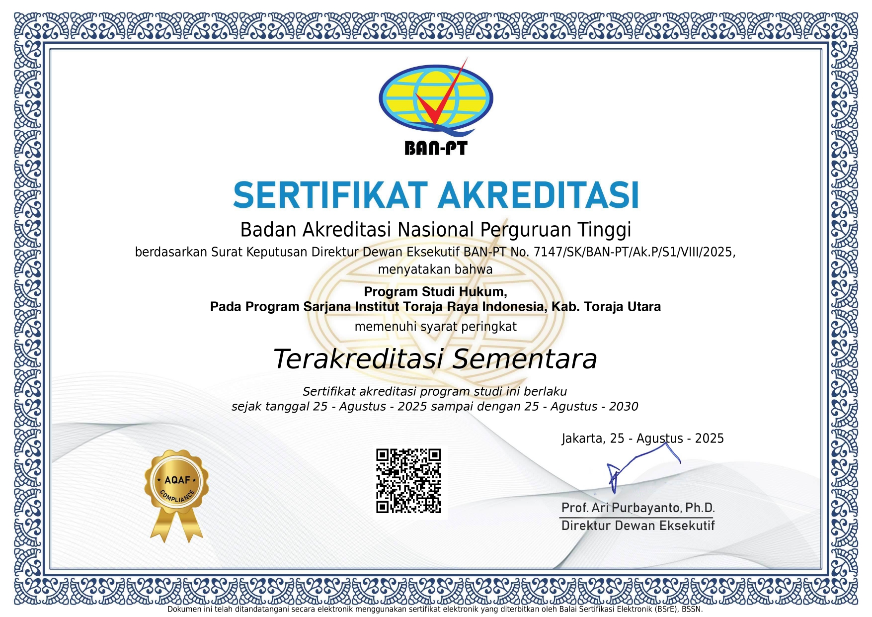 Sertifikat Akreditasi S1 Hukum